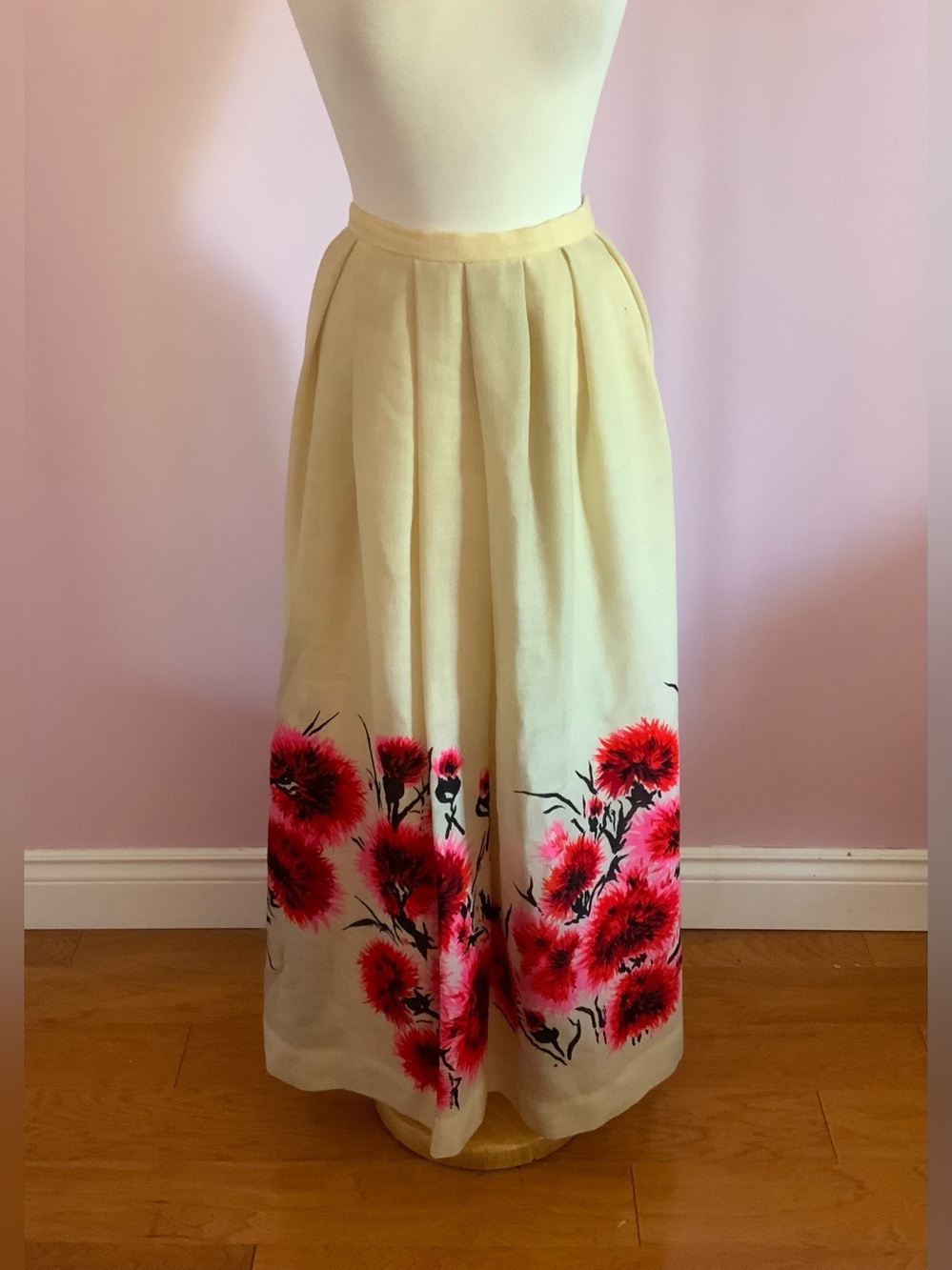 Vintage 60s Floral Print Cream Wool Maxi Skirt with Red Accent